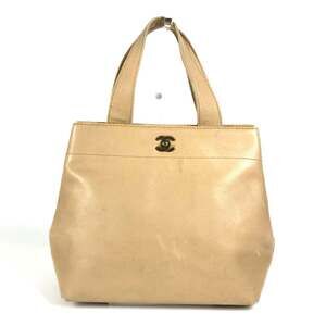 CHANEL Cream Leather Logo Tote Bag